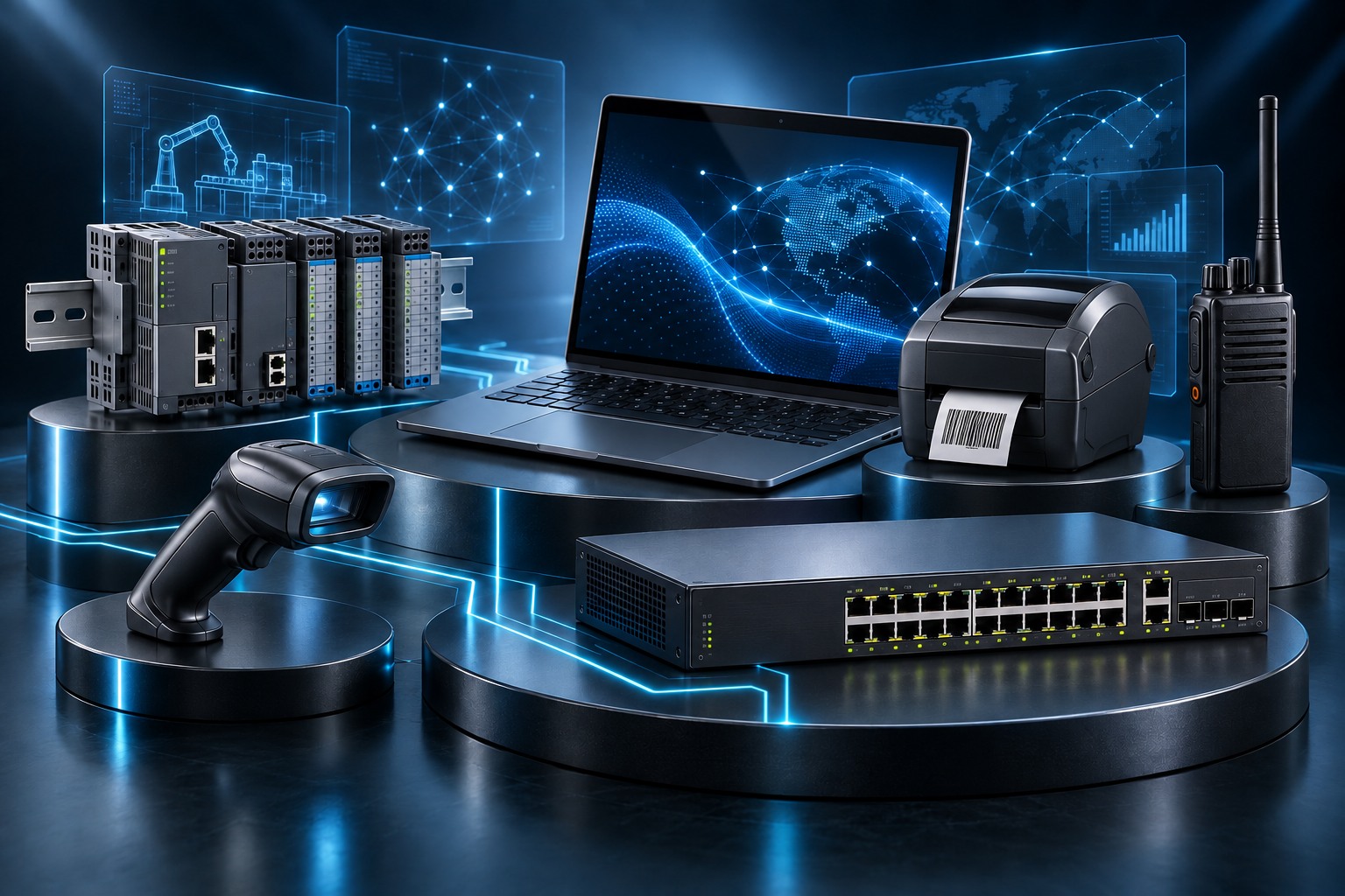 Notebook, switch de rede, controladores industriais, leitor de código de barras, impressora de etiquetas e rádio conectados por circuitos luminosos e painéis digitais