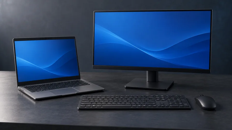Ilustração gerada por IA de notebook, monitor, teclado e mouse corporativos