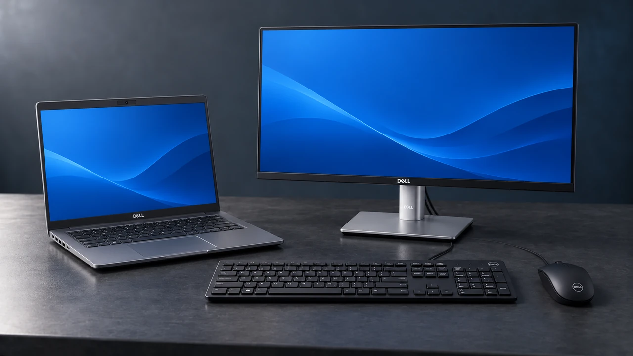 Ilustração gerada por IA de notebook, monitor, teclado e mouse Dell