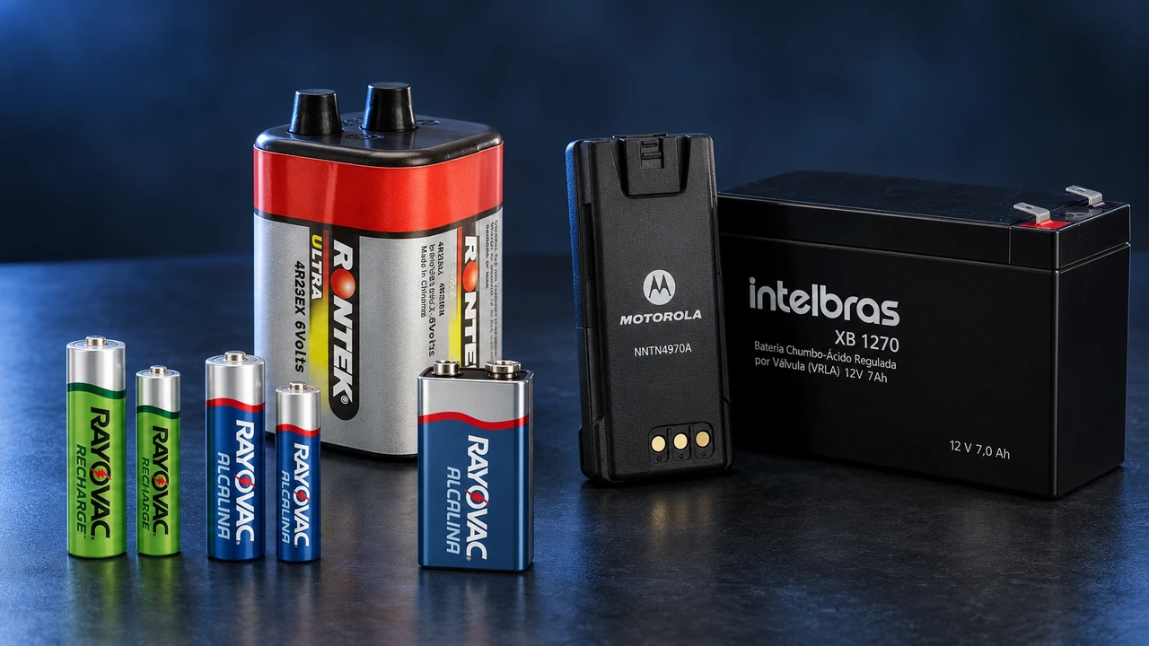 Ilustração gerada por IA de pilhas Rayovac AA e AAA, bateria Rayovac 9 V, Rontek 6 V para lanterna, bateria Motorola e bateria Intelbras para nobreak
