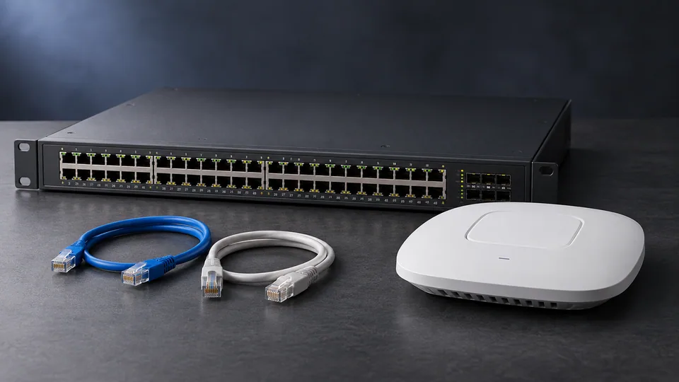 Ilustração gerada por IA de switch de rede, ponto de acesso e cabos Ethernet