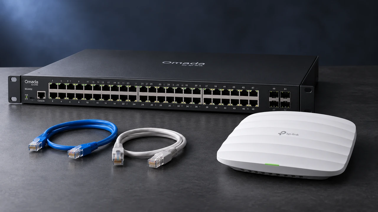 Ilustração gerada por IA de switch e ponto de acesso TP-Link Omada, com cabos Ethernet
